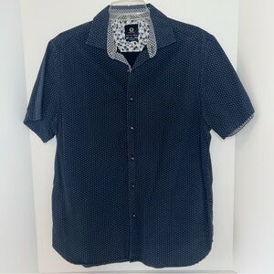 Ricky Singh men’s navy white Swiss dot short sleeve‎ shirt slim fit size Large